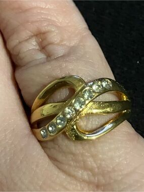 Gold Tone Crossover Ring with Clear Crystals